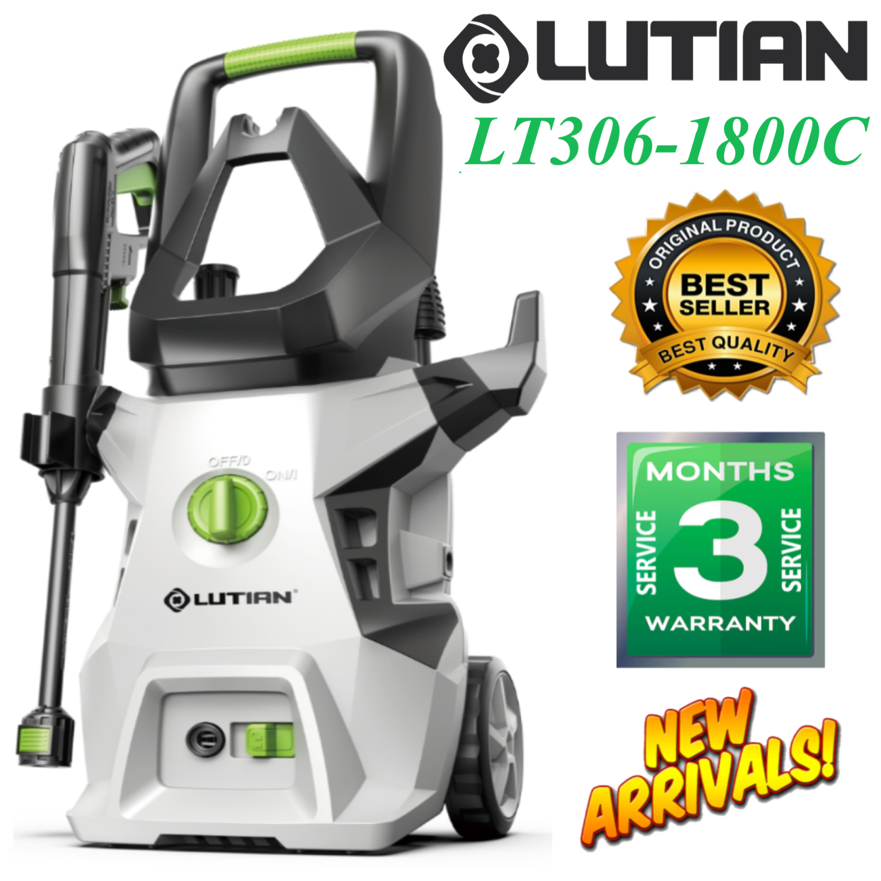 LUTIAN - LT306-1800C - 140 BAR HIGH CAR PRESSURE WASHER - 1800 WATTS -AUTO START - SELF PRIMING - PORTABLE- 2 IN 1 GUN ( LONG & SHORT)
