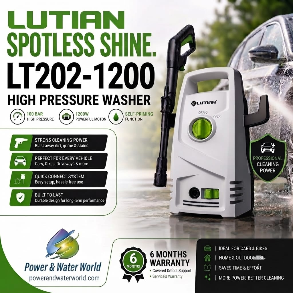 LUTIAN - LT202-1200 -100 BAR HIGH CAR PRESSURE WASHER - 1200 WATTS - AUTO START- SELF PRIMING - PORTABLE - 2 IN 1 GUN ( LONG & SHORT ) 3MONTHS WARRANTY
