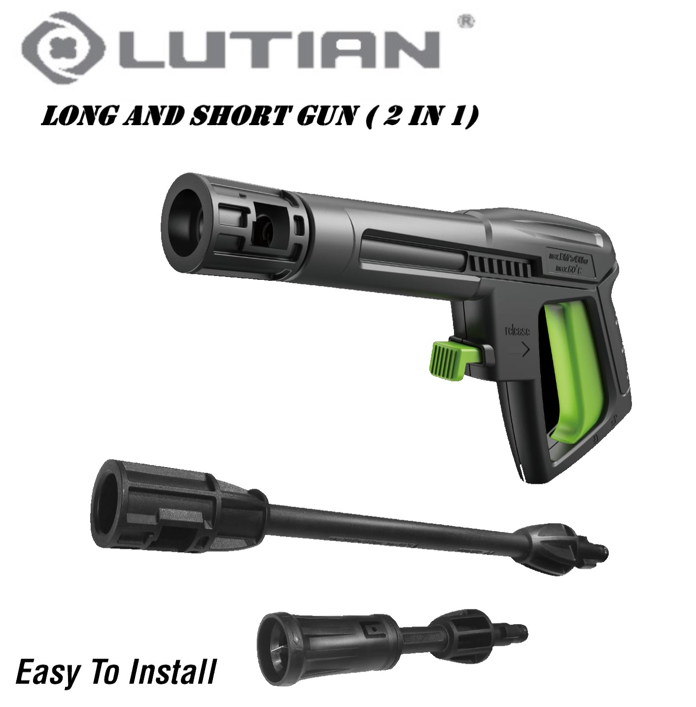 LUTIAN - Long & Short Gun ( 2 in 1 ) For Pressure Washers - complete with Centre Extension Rod and Adjustable Spray Lance