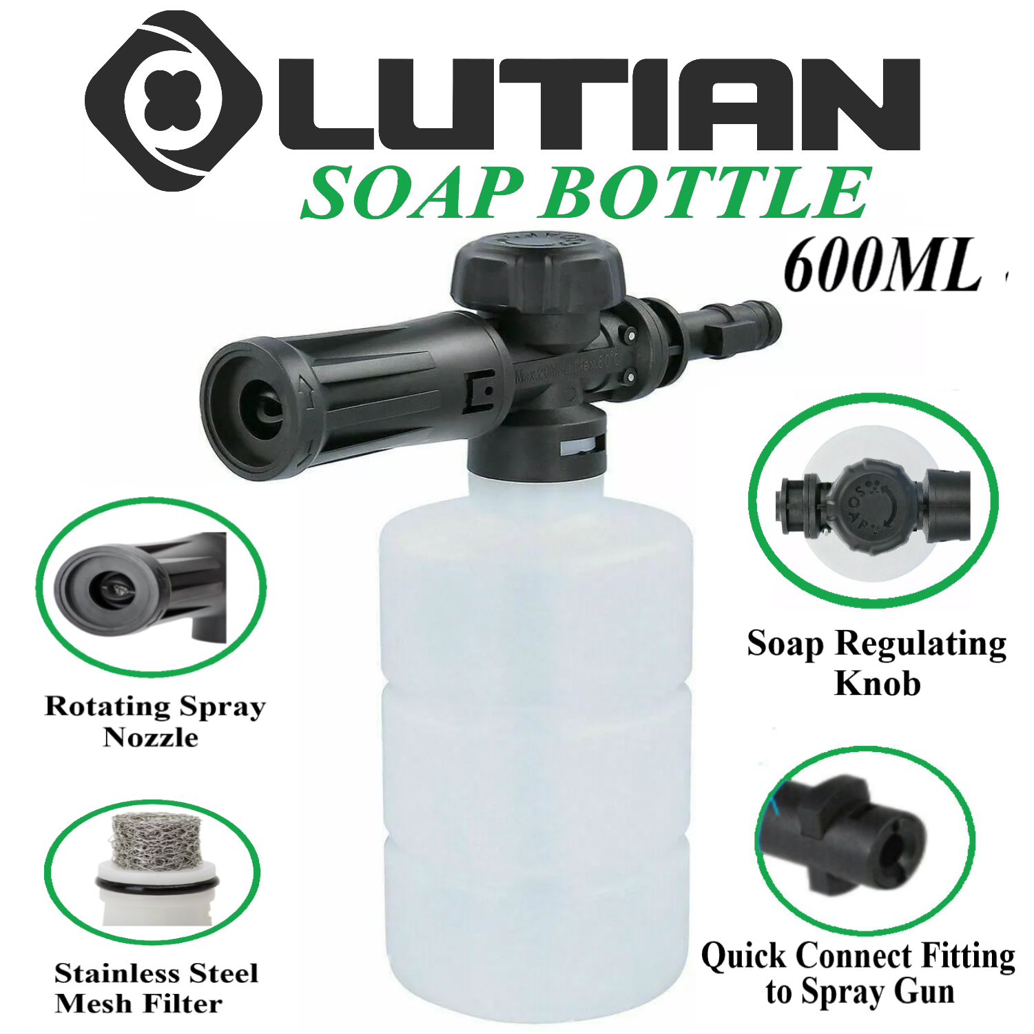 LUTIAN Foam Dispenser Bottle / Rotating Lance with Shampoo Regulator - Shampoo Spraying Soap Bottle 600ml Including St Steel Mesh Filter Attachment for Pressure Washer