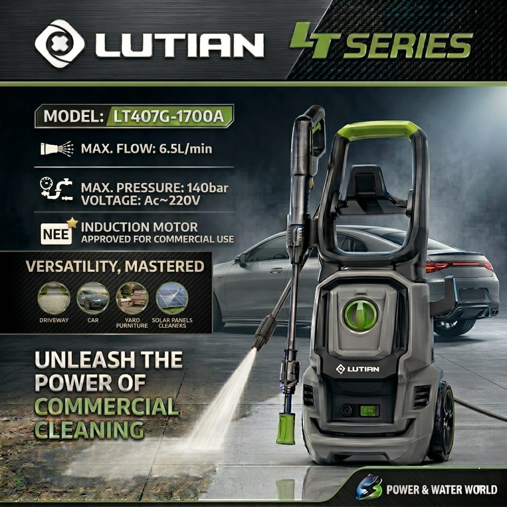 LUTIAN - LT407G-1700A - 140 BAR COMMERCIAL HIGH CAR PRESSURE WASHER - 1700 WATTS INDUCTION MOTOR -AUTO START - SELF PRIMING - PORTABLE- 2 IN 1 GUN ( LONG & SHORT)