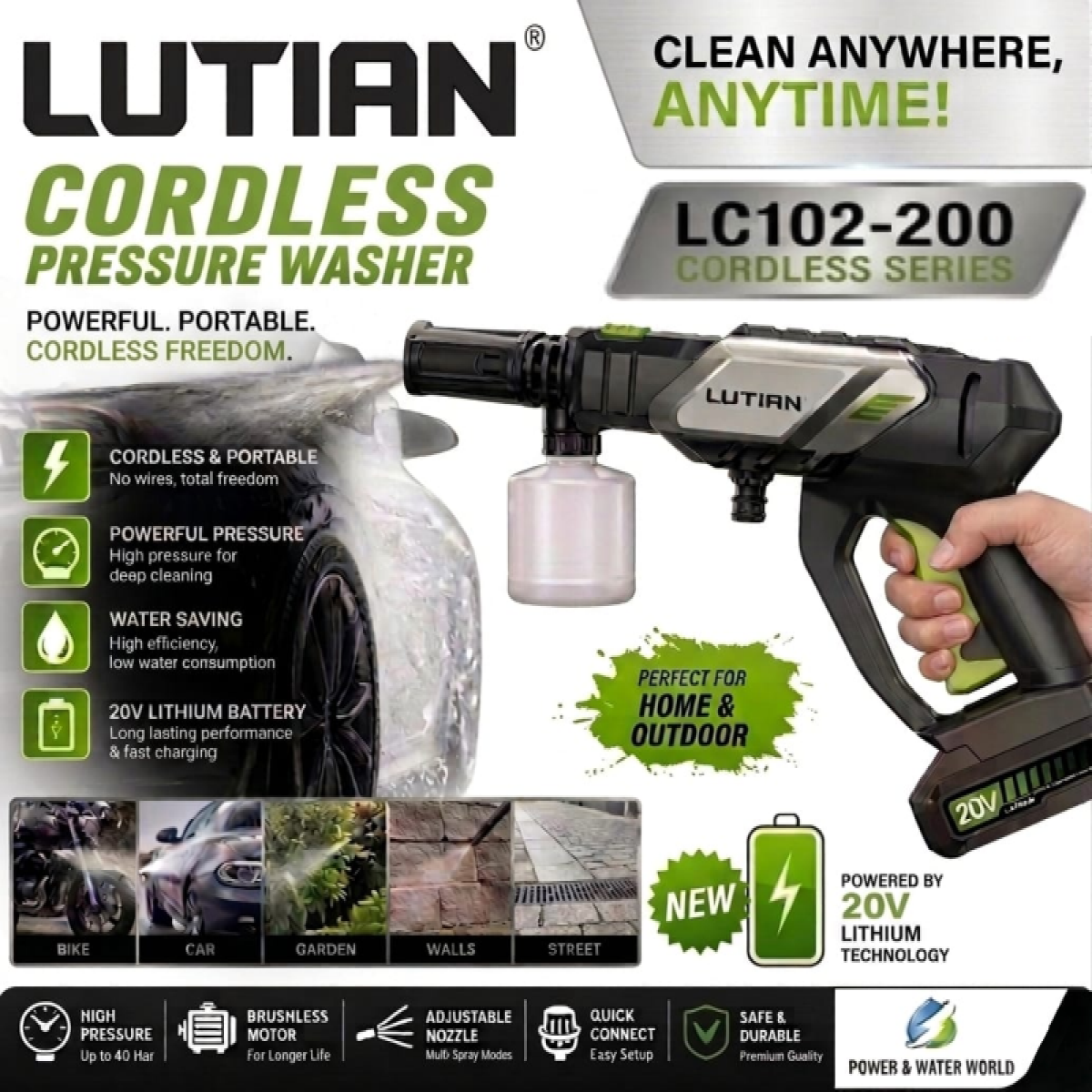 LUTIAN - LC102-200 - 20 BAR WIRELESS / CORDLESS HIGH CAR PRESSURE WASHER - 200 WATTS - AUTO START - SELF PRIMING - PORTABLE LIGHT WEIGHT WITH 20V - 2000MAH LITHIUM BATTERY (COMPLETE KIT)