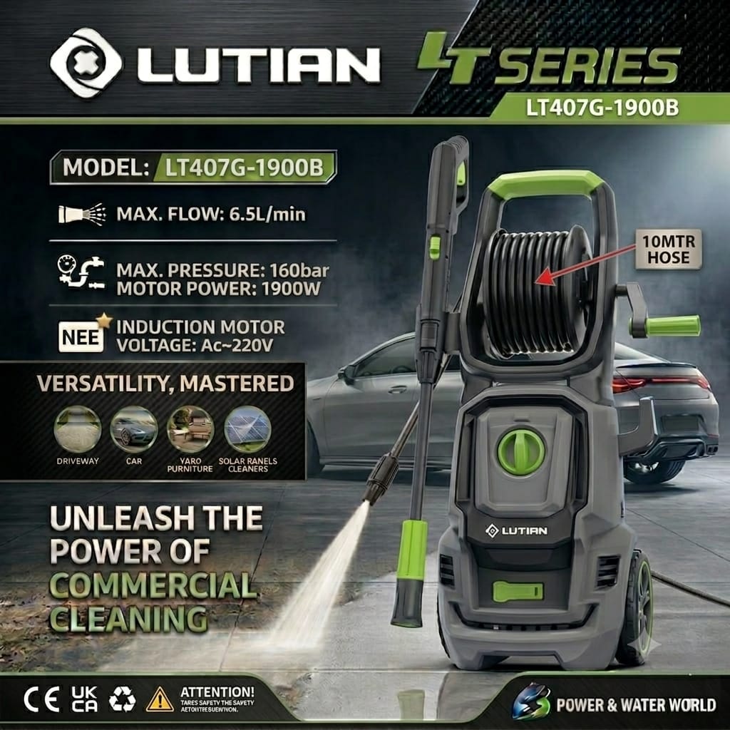 LUTIAN - LT407G-1900B - 160 BAR COMMERCIAL HIGH CAR PRESSURE WASHER - 1900 WATTS INDUCTION MOTOR -AUTO START - SELF PRIMING - PORTABLE- LONG GUN - 10MTR HOSE WITH REEL AND WHEELS