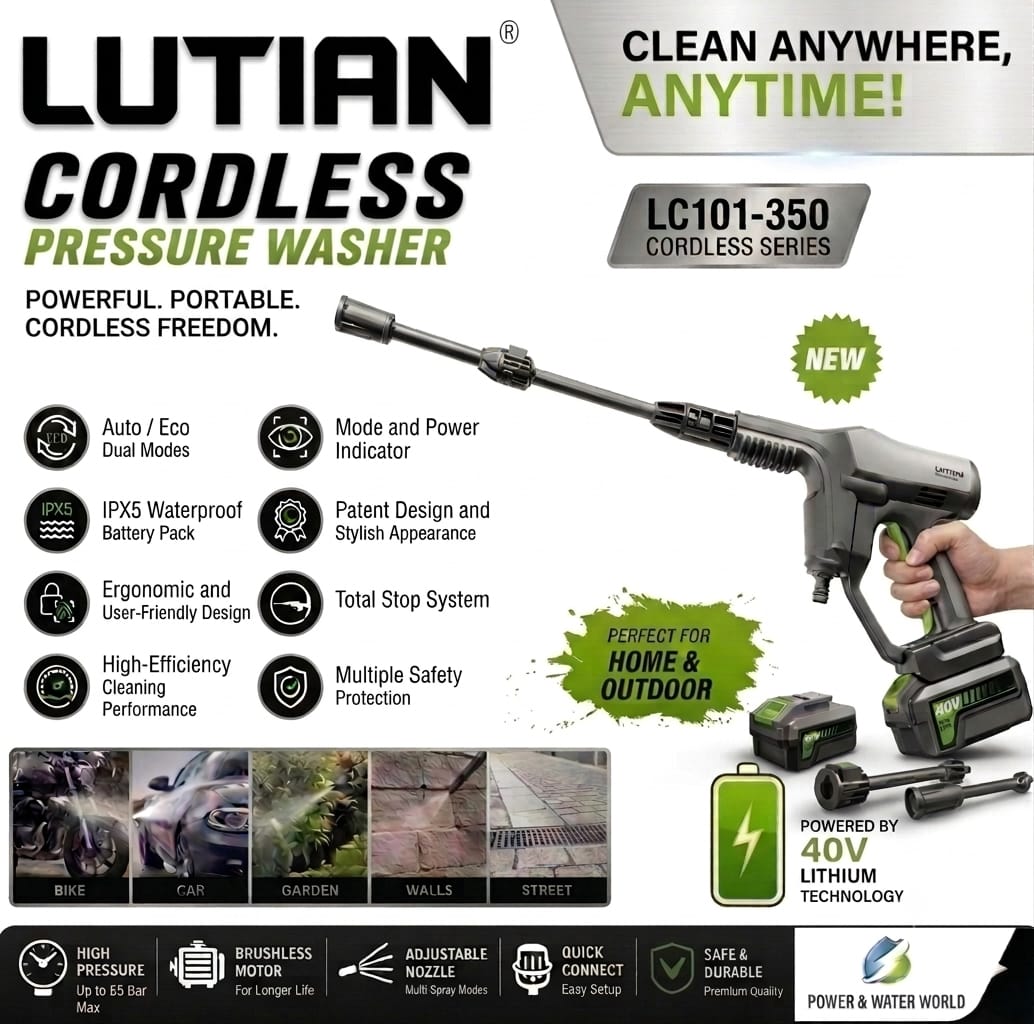 LUTIAN - LC101-350 - 50 BAR WIRELESS / CORDLESS HIGH CAR PRESSURE WASHER - 350 WATTS - AUTO START - SELF PRIMING - PORTABLE LIGHT WEIGHT WITH 40V - 2000MAH LITHIUM BATTERY (COMPLETE KIT)