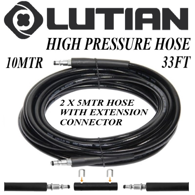 LUTIAN - High Pressure Hose Pipe for Pressure Washers - 10 Mtr = 33FT ( 2 X 5Mtr Pressure Hose , 1 x Extension Connector ) - Quick Connect Type